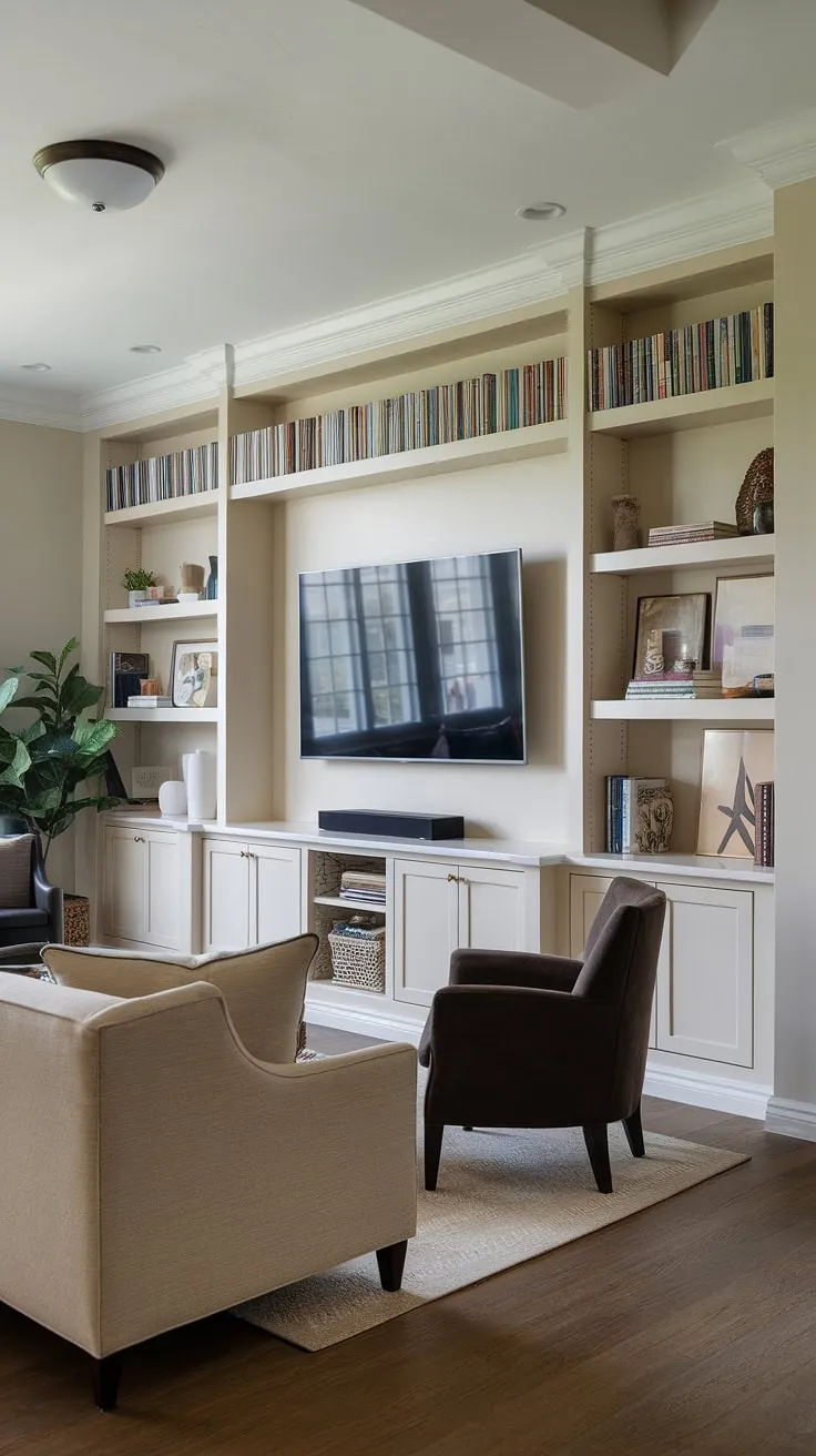 The great room tv wall is a masterpiece of design, featuring a built-in TV wall with thoughtfully placed built-in shelves living room around tv.  The tv with cabinet below provides practical storage, while the shelves above display cherished items. This living rooms with built ins example showcases how to create a cozy and functional space, maximizing storage and style.  A perfect illustration of interior design storage ideas for a long wall with tv.