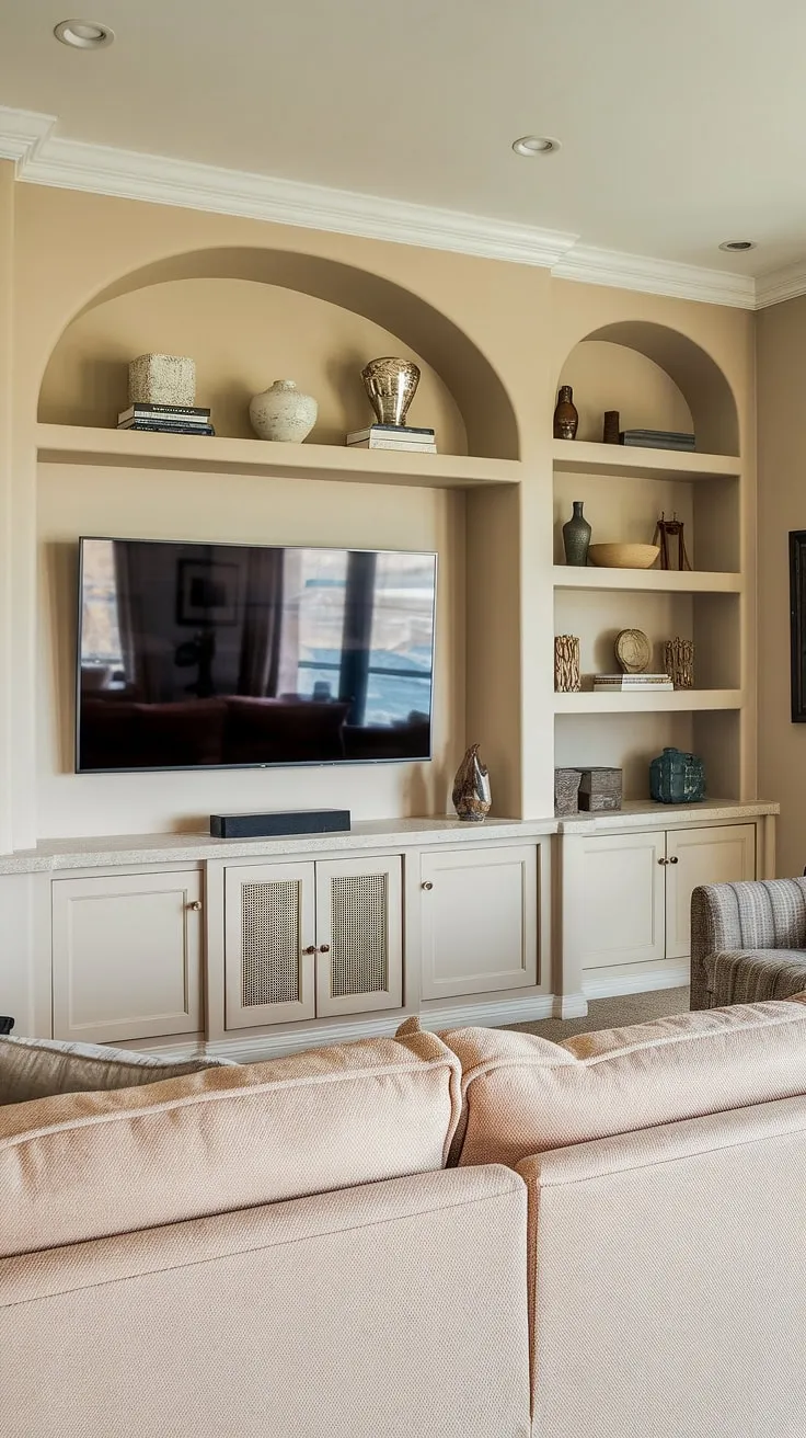 This stunning great room showcases a long wall with TV, featuring a custom built-in TV wall with ample built-in shelves living room around the TV.  The in-wall TV built-ins, complete with a tv with cabinet below, offer clever interior design storage ideas, making this living rooms with built ins design both stylish and functional.  Perfect for family movie nights!