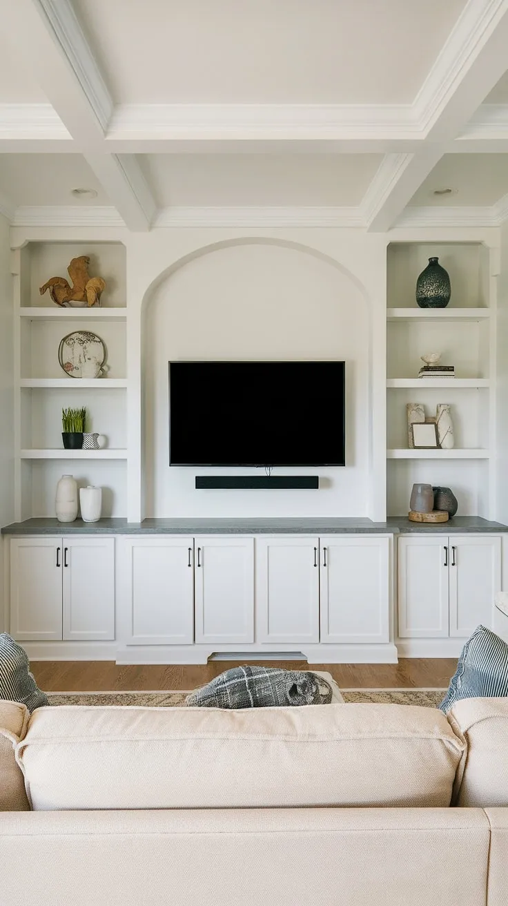 Maximize your space and style with this impressive built-in TV wall.  The built-in shelves living room around the TV provide clever interior design storage ideas, showcasing decorative items and keeping clutter at bay.  The TV with cabinet below completes the look, offering a sophisticated solution for a long wall with TV.  Perfect inspiration for living rooms with built-ins and in-wall TV built-ins, this design elevates your family room to new heights.