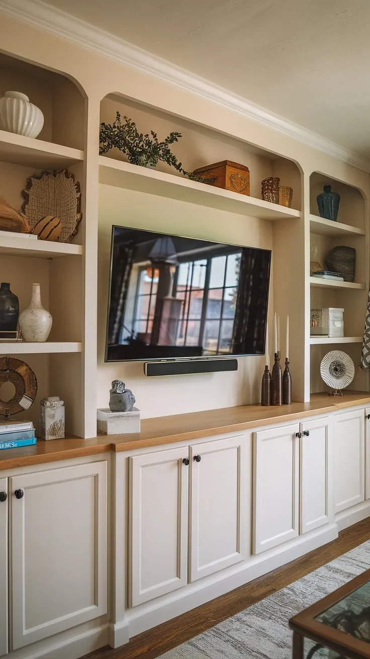 This stunning great room tv wall showcases the perfect blend of form and function.  The built-in TV wall, complete with a tv with cabinet below and built-in shelves living room around tv, offers ample interior design storage ideas while maintaining a sleek, modern aesthetic.  Living rooms with built ins rarely look this sophisticated.  This in-wall tv built in is a dream for any family room, maximizing space on a long wall with tv.