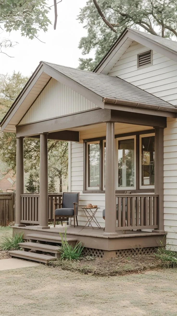 Inviting Front Porch of a White Bungalow Surrounded by Nature
