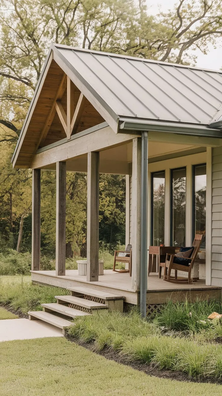 Charming Bungalow Porch with Rocking Chair and Lush Views