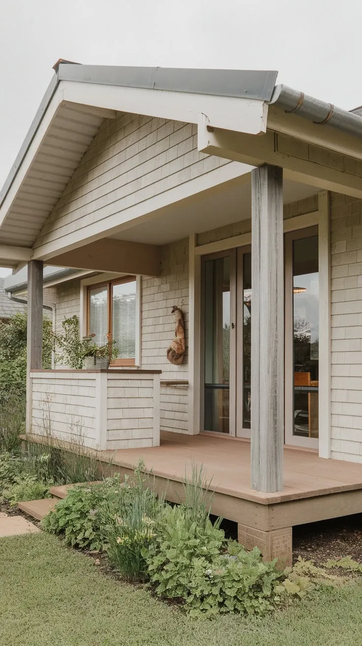 Modern Rustic Bungalow with Gabled Porch and Lush Greenery
