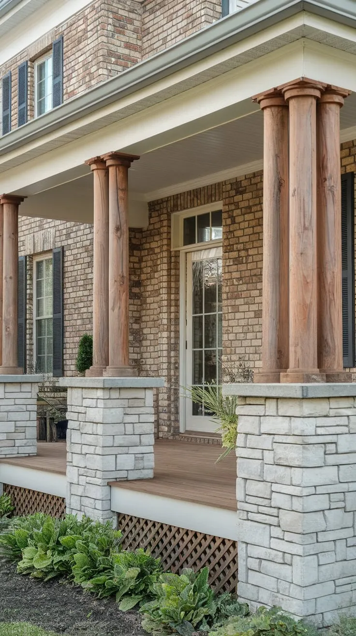 Cedar-Columned Charm on a Brick Porch