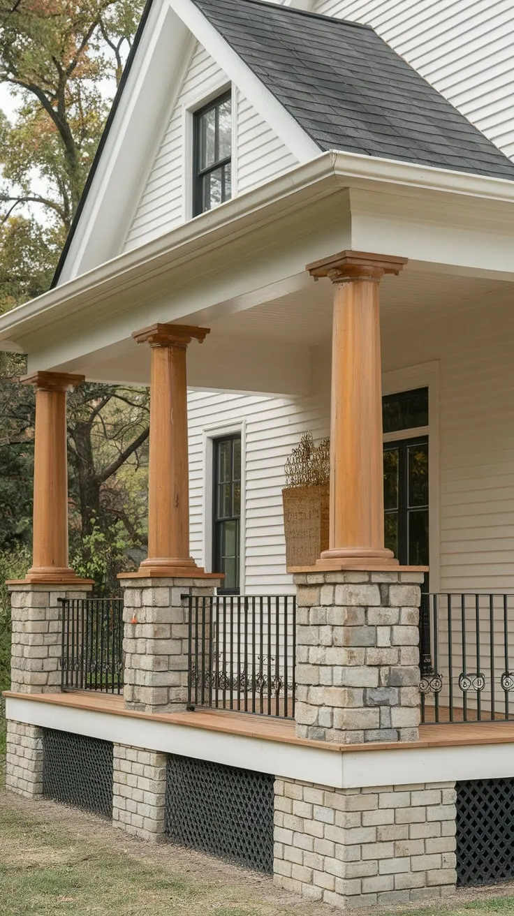 Stunning White House with Cedar-Columned Porch and Brick Foundation