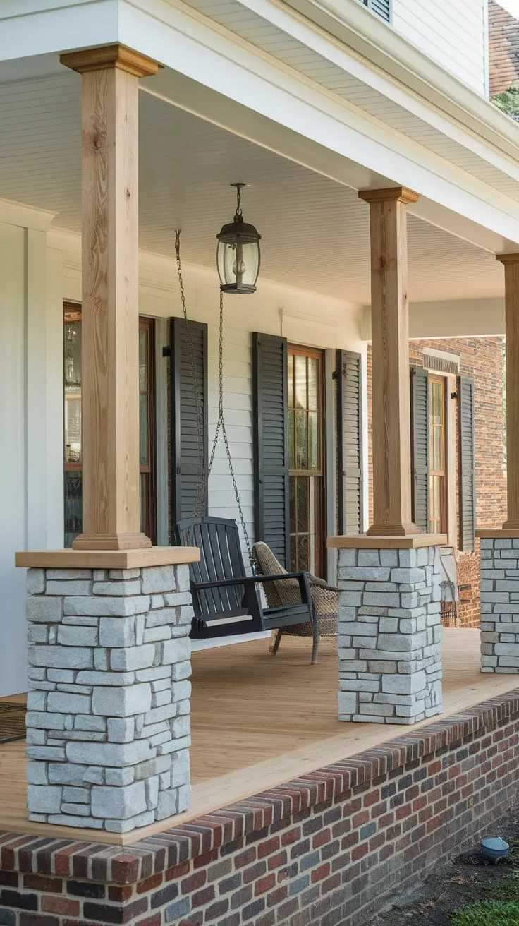 Cozy Front Porch with Cedar Columns and Stone Accents