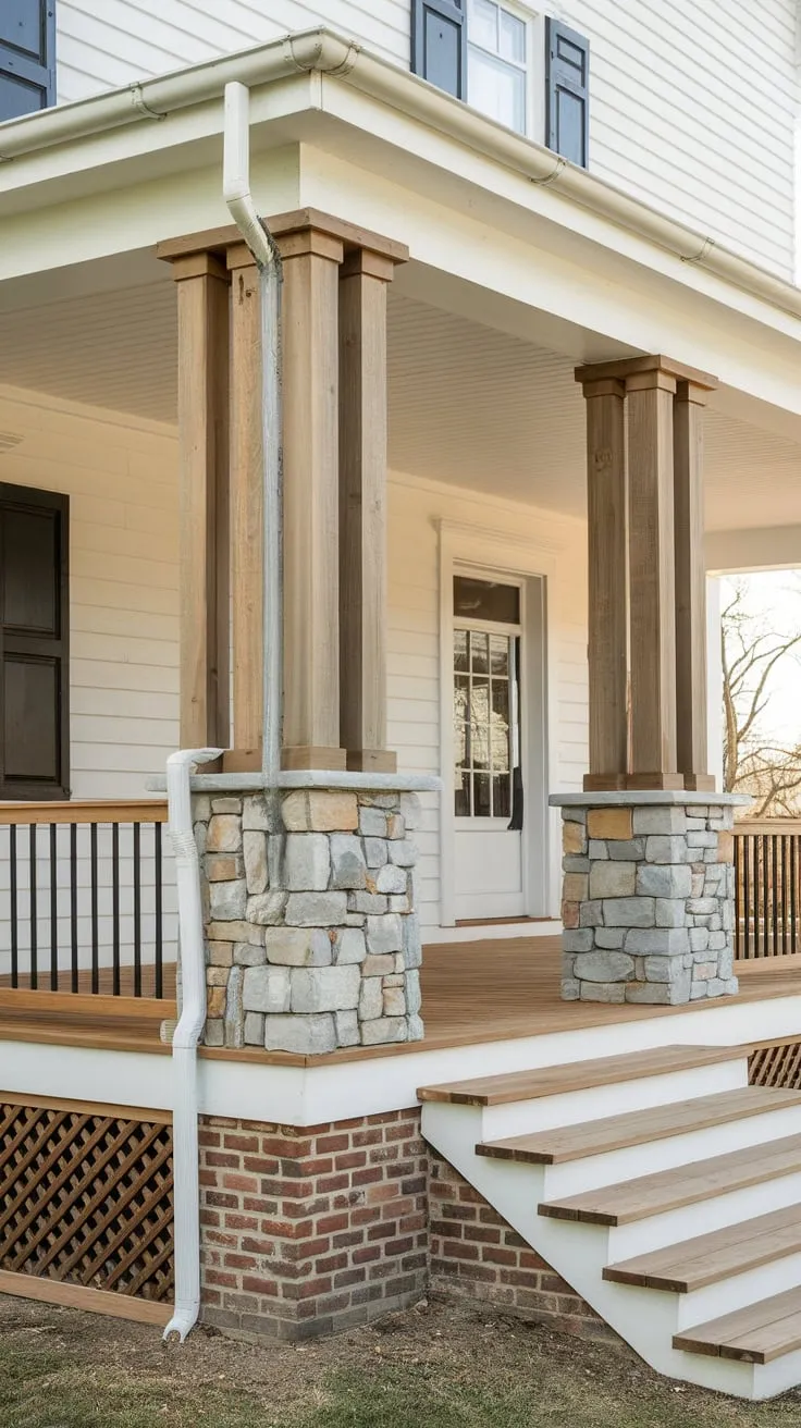 Cedar-Columned Charm on a White Porch