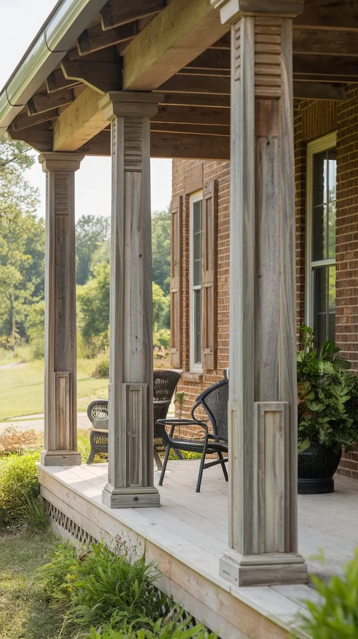 Charming Cedar Porch with Rustic Columns and Lush Views
