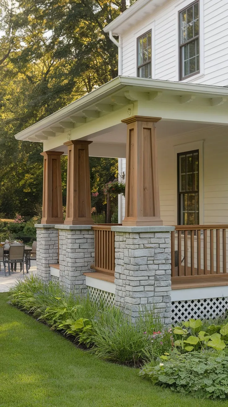 Elegant Cedar Porch Enhances White House Amidst Vibrant Greenery