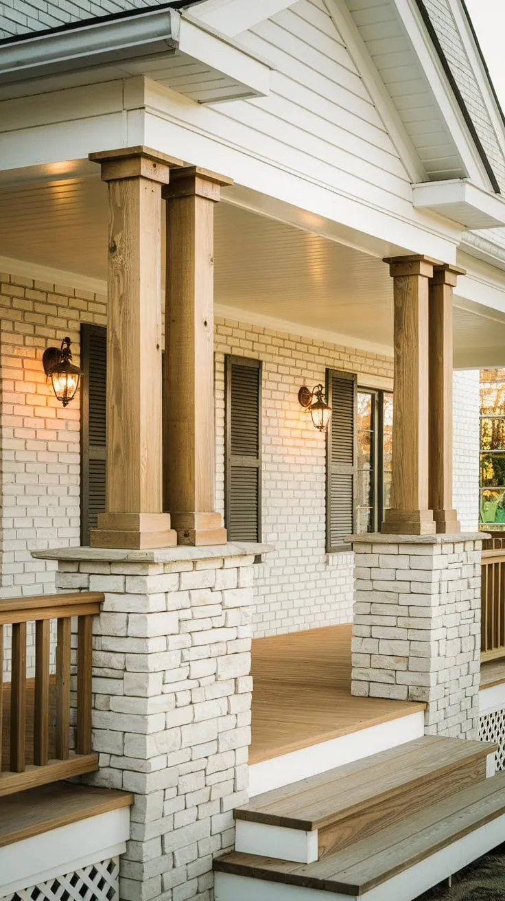 Charming Cedar Porch on a White Brick Home