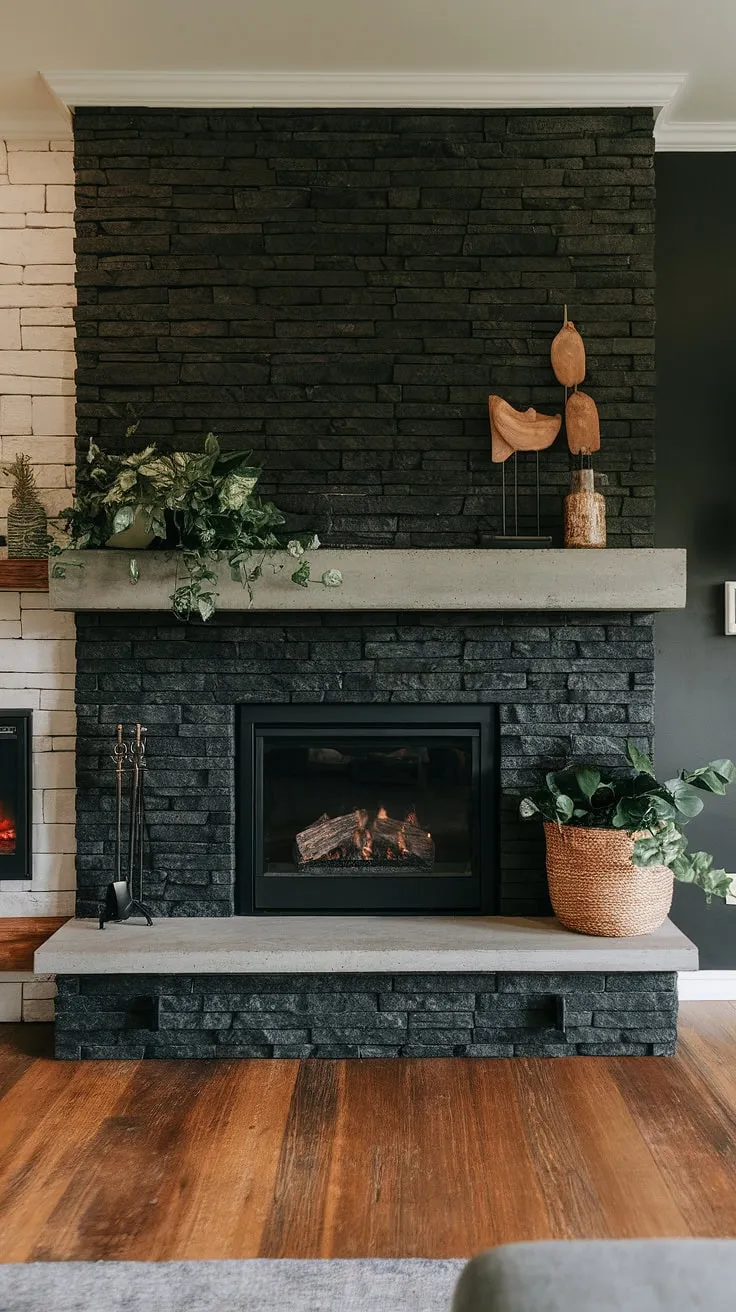 A concrete mantle fireplace anchors this modern living room, its black brick fireplace (or black stack stone fireplace) a striking contrast to the dark walls.  The unique mantle decor, including a green wall fireplace plant, adds a touch of nature to the sophisticated design.  This space expertly blends styles, showcasing both a central fireplace and a charming cottage electric fireplace, providing ample living room fireplace ideas.