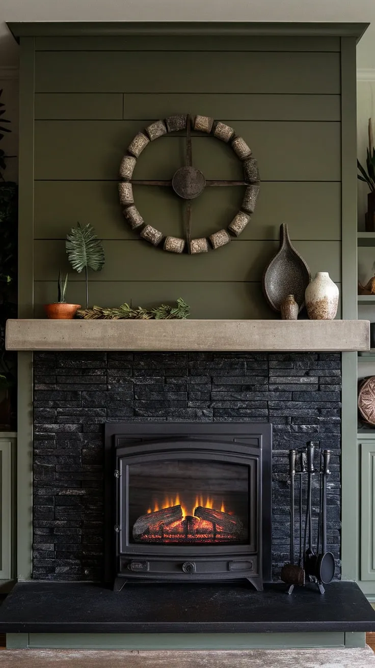 This cozy living room centers around a stunning black stack stone fireplace, its dark color scheme perfectly complemented by the green accent wall.  The concrete mantle, adorned with unique mantle decor, elevates the modern fireplace decor. This cottage electric fireplace offers the perfect blend of rustic charm and contemporary style, providing endless living room fireplace ideas.