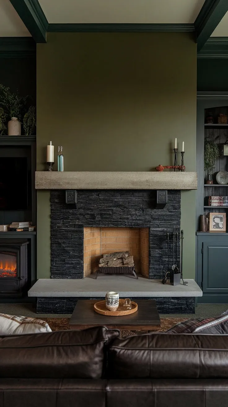 The black brick fireplace, a black stack stone masterpiece, commands attention as the focal point of this sophisticated living room.  The concrete mantle fireplace offers a unique touch, while the green wall fireplace creates a surprising and stylish backdrop. This design exemplifies modern fireplace decor and offers inspiring living room fireplace ideas, showcasing the perfect blend of rustic charm and dark color fireplace elegance. A supplementary cottage electric fireplace enhances the cozy atmosphere.