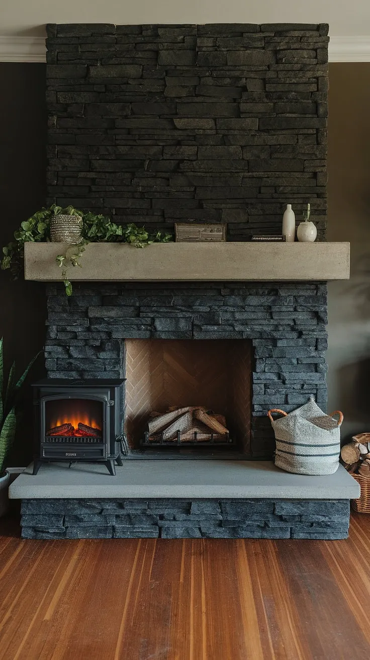 This living room's dramatic dark color fireplace, a stunning black stack stone fireplace with a concrete mantle, anchors the space.  The unique mantle decor, featuring a touch of green, complements the modern fireplace decor perfectly.  Adding a cottage electric fireplace beside the central fireplace offers extra warmth and style, showcasing innovative living room fireplace ideas.