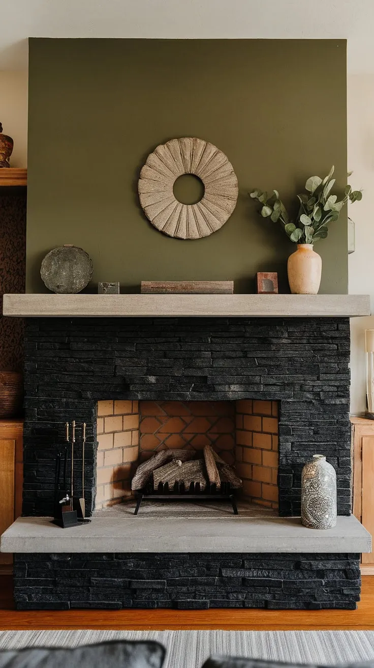 The heart of this modern cottage?  This stunning black stack stone fireplace.  Its dark color fireplace interior and unique mantle decor are beautifully showcased against the green wall fireplace. The concrete mantle fireplace offers a striking contrast, while the overall design provides endless living room fireplace ideas. This black brick fireplace, possibly a cottage electric fireplace, is a testament to modern fireplace decor.