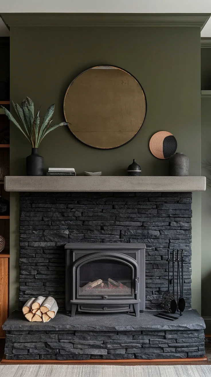 A captivating blend of modern and rustic, this living room features a black stack stone fireplace as its undeniable focal point. The concrete mantle fireplace is adorned with unique mantle decor, while the dark color fireplace beautifully contrasts the vibrant green wall.  This design showcases clever living room fireplace ideas, incorporating a cottage electric fireplace for added convenience and warmth. The black brick fireplace is the heart of this space, a testament to the power of a central fireplace.