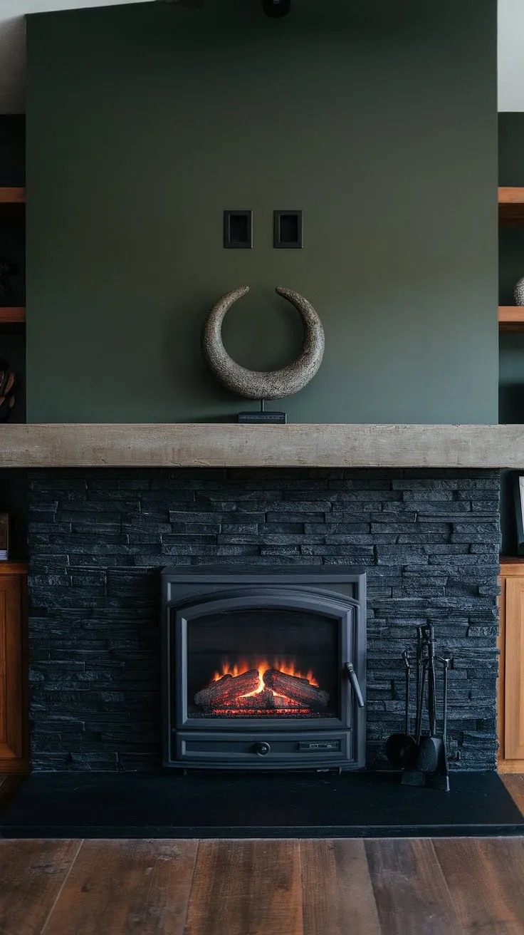This dark and cozy living room centers around a stunning black stack stone fireplace, a modern fireplace decor statement. The concrete mantle fireplace, accented with unique mantle decor, anchors the space perfectly against the rich green wall fireplace.  Living room fireplace ideas don't get much more captivating than this cottage electric fireplace, a blend of modern design and rustic charm.  The black brick fireplace effect adds depth and warmth.