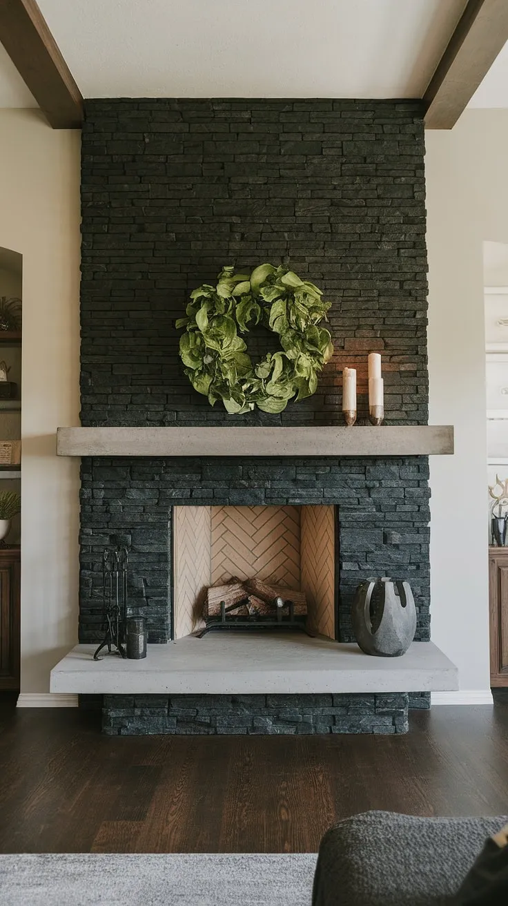 The unique mantle decor, featuring a vibrant green plant against the black stack stone fireplace, elevates this living room's design. The concrete mantle fireplace provides a striking contrast to the dark wood floors, while the central fireplace serves as a focal point.  Explore these living room fireplace ideas for a modern take on a cottage electric fireplace, showcasing a dark color fireplace with black brick fireplace appeal.