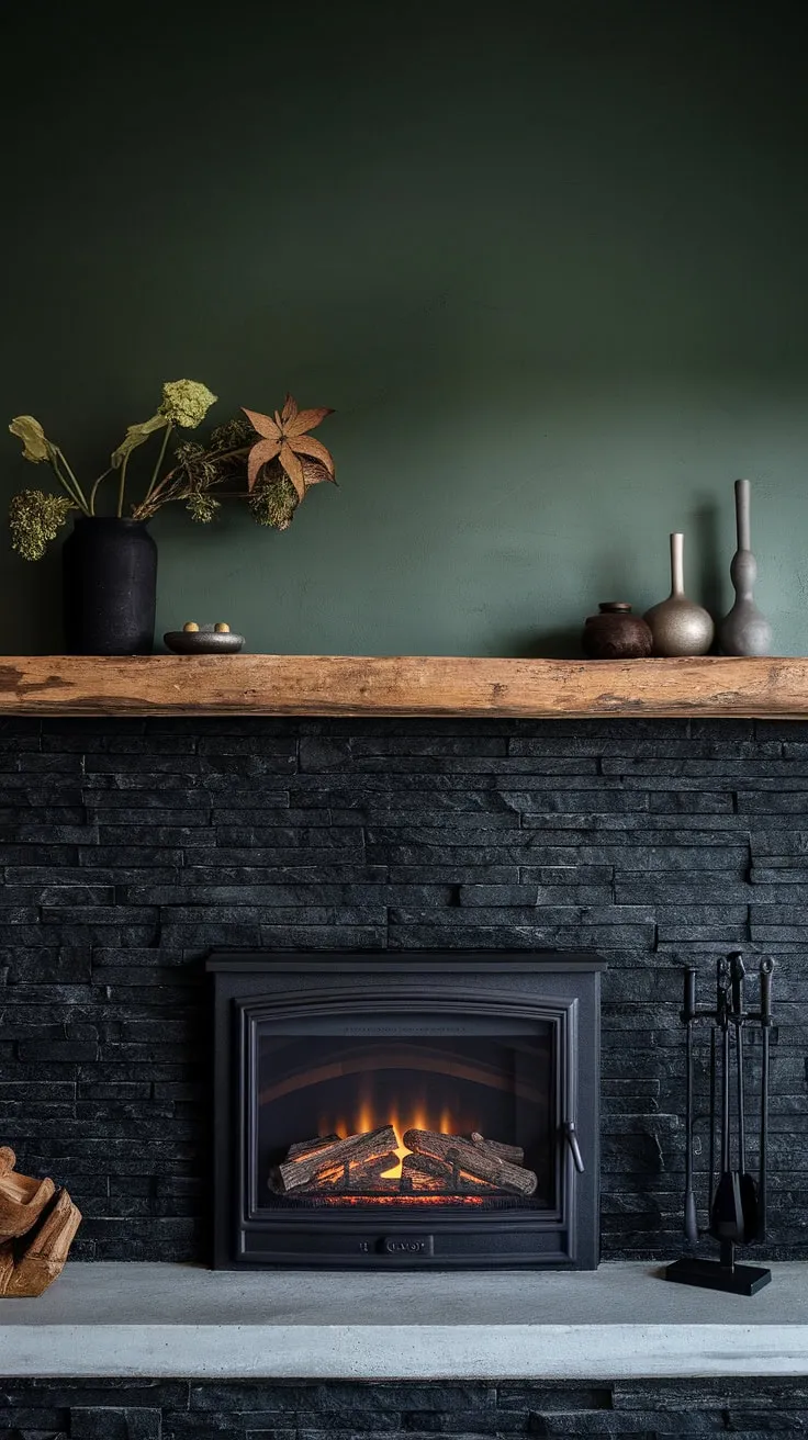 A captivating blend of textures and styles, this living room features a show-stopping black stack stone fireplace as its focal point. The unique mantle decor and green wall fireplace create a dramatic backdrop, while the addition of a cottage electric fireplace with a concrete mantle offers both warmth and modern convenience.  This dark color fireplace design is a testament to innovative living room fireplace ideas.
