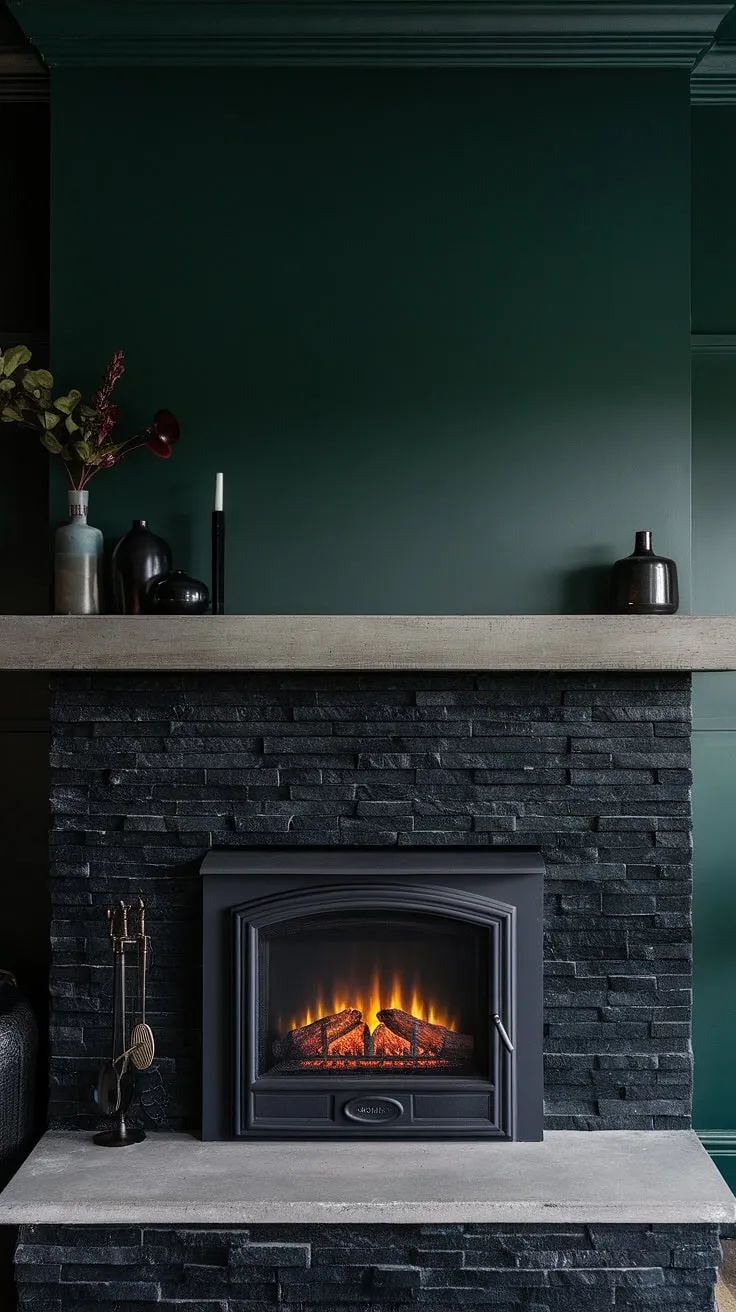 This moody living room centers around a striking black stack stone fireplace, its dark color beautifully contrasted by the green wall above. The concrete mantle provides a unique mantle decor, showcasing modern fireplace decor at its finest.  This cottage electric fireplace offers both style and convenience, making it a perfect example of living room fireplace ideas.
