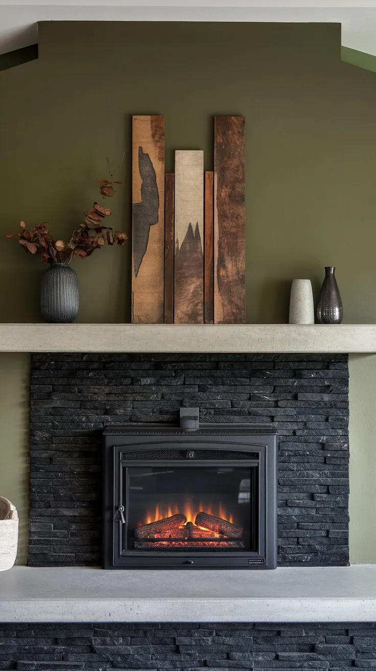 This modern living room is anchored by a stunning central fireplace, a showstopper of black stack stone and dark color, offering both warmth and style.  The unique mantle decor pops against the green wall, showcasing the perfect blend of rustic and contemporary in these living room fireplace ideas.  The cottage electric fireplace provides cozy ambiance, while the concrete mantle fireplace adds an unexpected industrial touch.