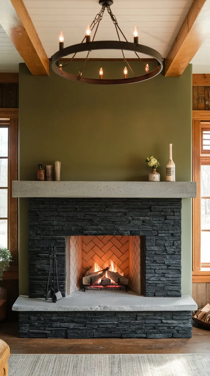 Warmth radiates from this black brick fireplace, a stunning black stack stone fireplace with a concrete mantle fireplace. The unique mantle decor complements the green wall fireplace, making it a focal point in this charming cottage.  This modern fireplace decor exemplifies the best in living room fireplace ideas, proving that a dark color fireplace can be both stylish and inviting.