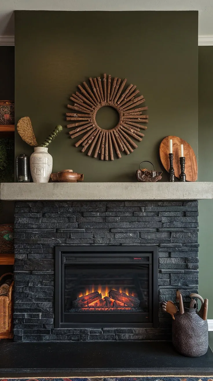 A central fireplace, this modern fireplace decor masterpiece features a black brick fireplace (or black stack stone fireplace) clad in dramatic black stack stone. The green wall fireplace and concrete mantle fireplace, adorned with unique mantle decor, create a sophisticated and cozy atmosphere.  This cottage electric fireplace offers warmth and style, perfect for exploring living room fireplace ideas.
