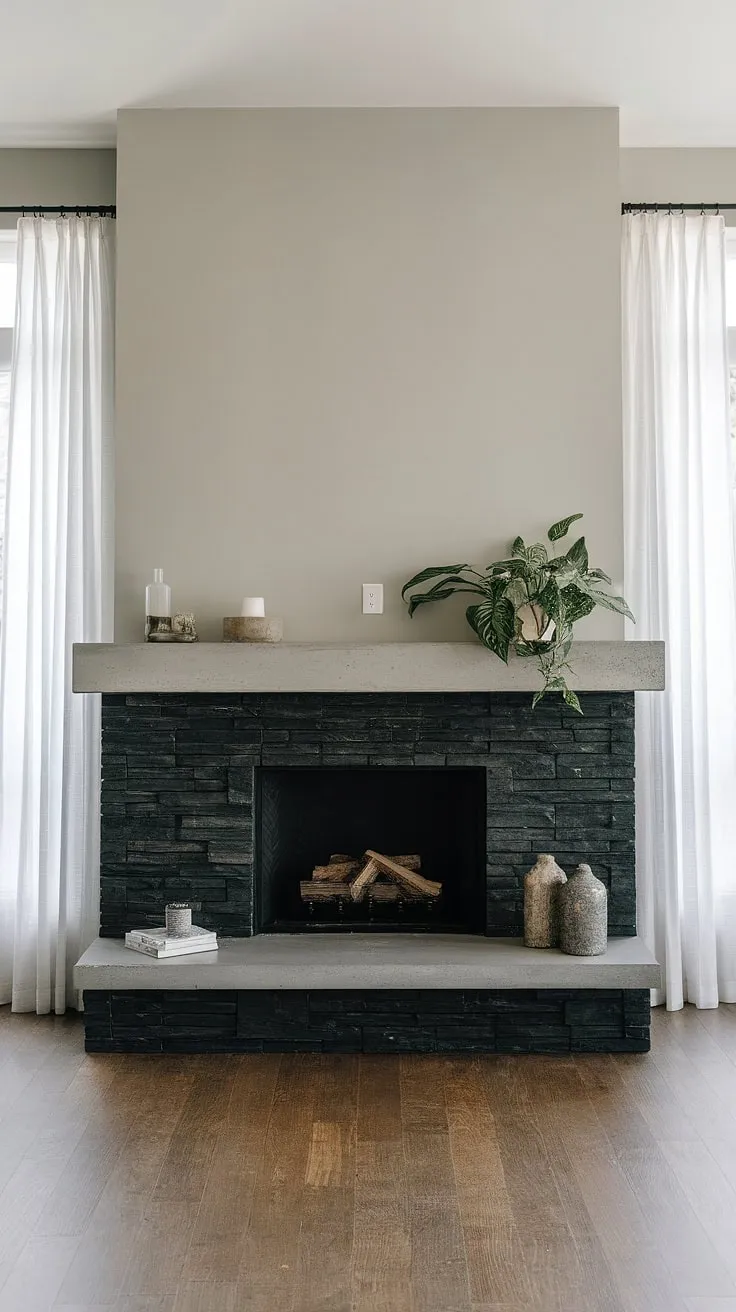 This living room's central fireplace, a showstopper of black stack stone, anchors the space with its modern fireplace decor. The unique mantle decor, featuring a green plant against the concrete mantle fireplace, adds a touch of nature to the dark color fireplace.  This cottage electric fireplace offers warmth and style, showcasing inspiring living room fireplace ideas.