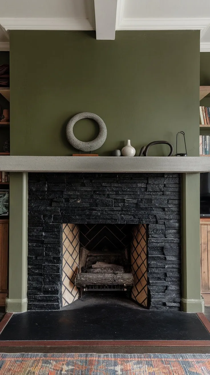 This cottage living room's central fireplace is a showstopper. The black stack stone fireplace, with its concrete mantle and modern fireplace decor, creates a dramatic focal point against the calming green wall.  Unique mantle decor adds personality, showcasing living room fireplace ideas that blend rustic charm with contemporary style. The dark color fireplace and black brick fireplace elements enhance the cozy atmosphere.  This cottage electric fireplace is the perfect blend of form and function.