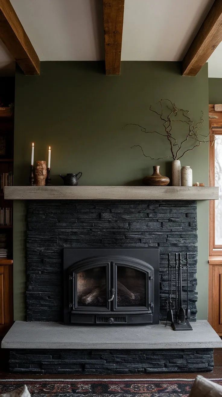 This living room's central fireplace, a showstopping black stack stone fireplace with a concrete mantle, anchors the space.  The unique mantle decor, combined with the green wall fireplace and dark color fireplace design, creates a modern fireplace decor that's both cozy and sophisticated.  Perfect living room fireplace ideas for a cottage aesthetic.