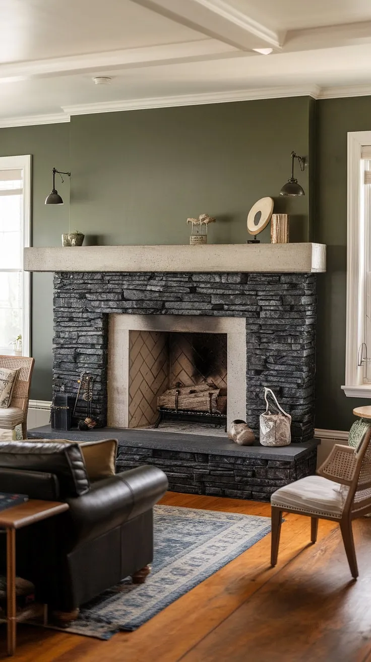 A concrete mantle fireplace anchors this charming space. The black brick fireplace, crafted from black stack stone, is a modern fireplace decor dream. This green wall fireplace design, paired with dark colored furniture, creates a sophisticated yet cozy atmosphere, perfect for exploring living room fireplace ideas. The cottage electric fireplace adds a touch of rustic charm.