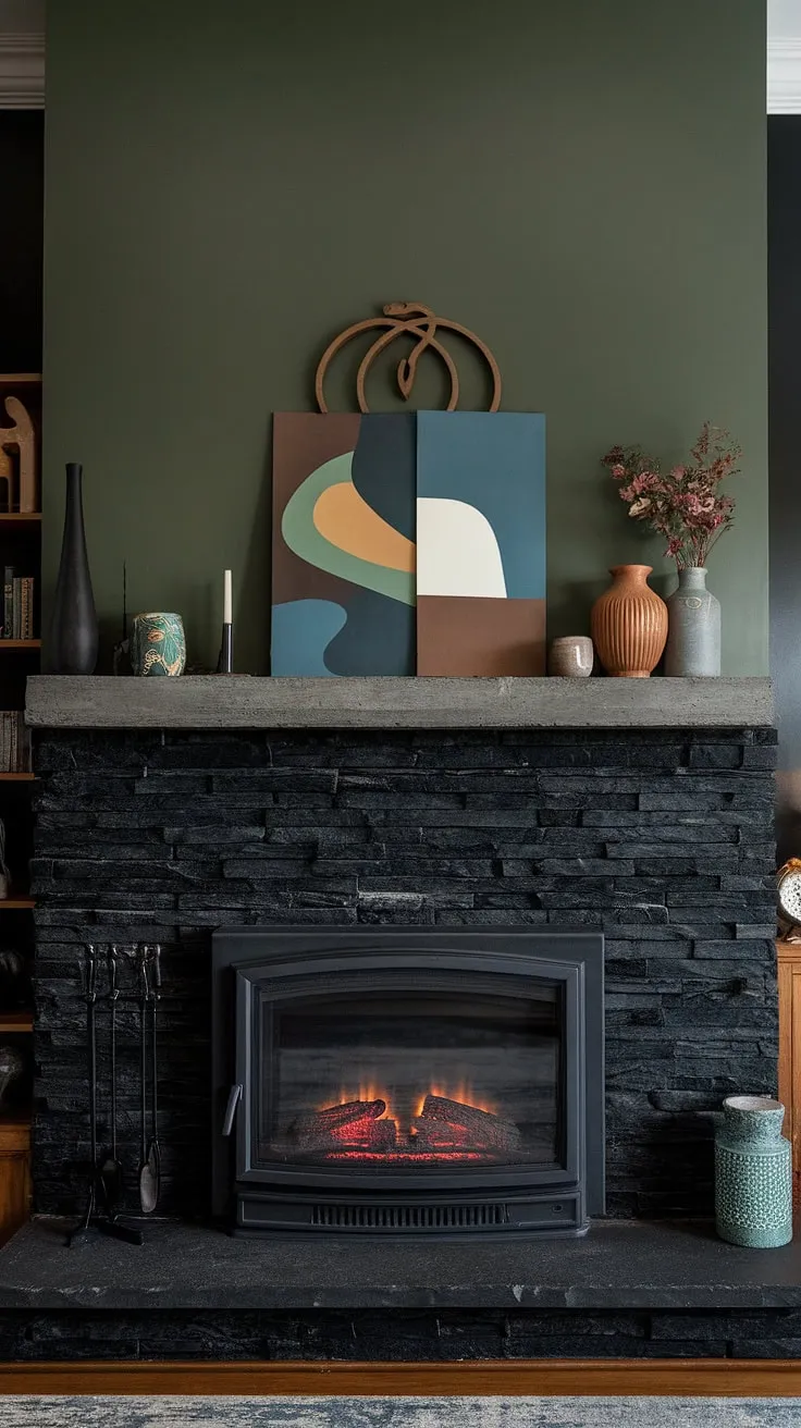 This modern living room is anchored by a striking black stack stone fireplace, a dramatic focal point showcasing unique mantle decor against a vibrant green wall.  The concrete mantle fireplace, paired with the dark color scheme, creates a sophisticated ambiance, offering inspiring living room fireplace ideas. The cottage electric fireplace provides warmth and convenience.