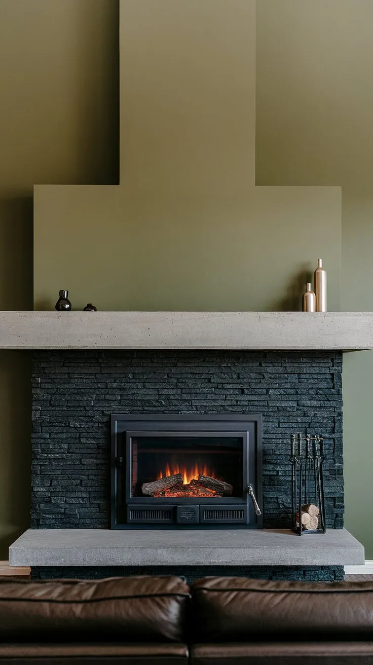 A captivating blend of modern and rustic, this space features a central fireplace with a black stack stone facade and a concrete mantle fireplace. The green wall fireplace creates a dramatic backdrop, while the dark color fireplace and furniture add depth. This unique mantle decor and cottage electric fireplace exemplify modern fireplace decor at its finest.
