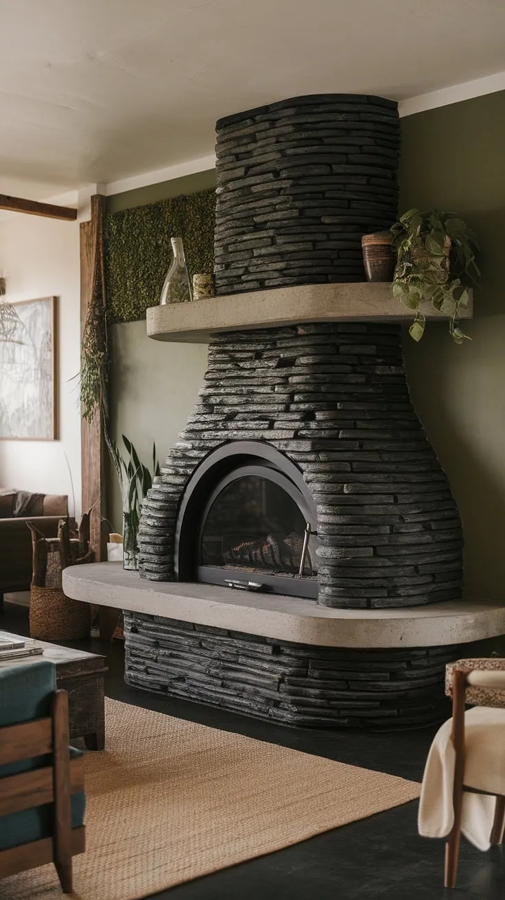 The black brick fireplace, a stunning cottage electric fireplace, anchors this dark and cozy living room.  Its unique mantle decor, a sleek concrete design, complements the black stack stone fireplace's modern lines. The green wall fireplace backdrop and beige rug complete this sophisticated take on living room fireplace ideas.