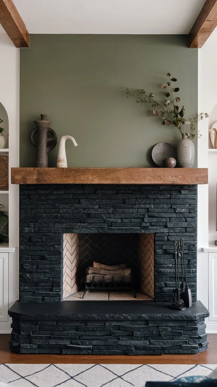 The warmth of a cottage-style living room is amplified by this stunning central fireplace.  The black stack stone fireplace, with its dark color interior and unique mantle decor, provides a modern focal point against the unexpected green wall. This concrete mantle fireplace offers endless living room fireplace ideas, showcasing a perfect blend of modern fireplace decor and rustic charm.  It's the perfect example of a cottage electric fireplace done right.