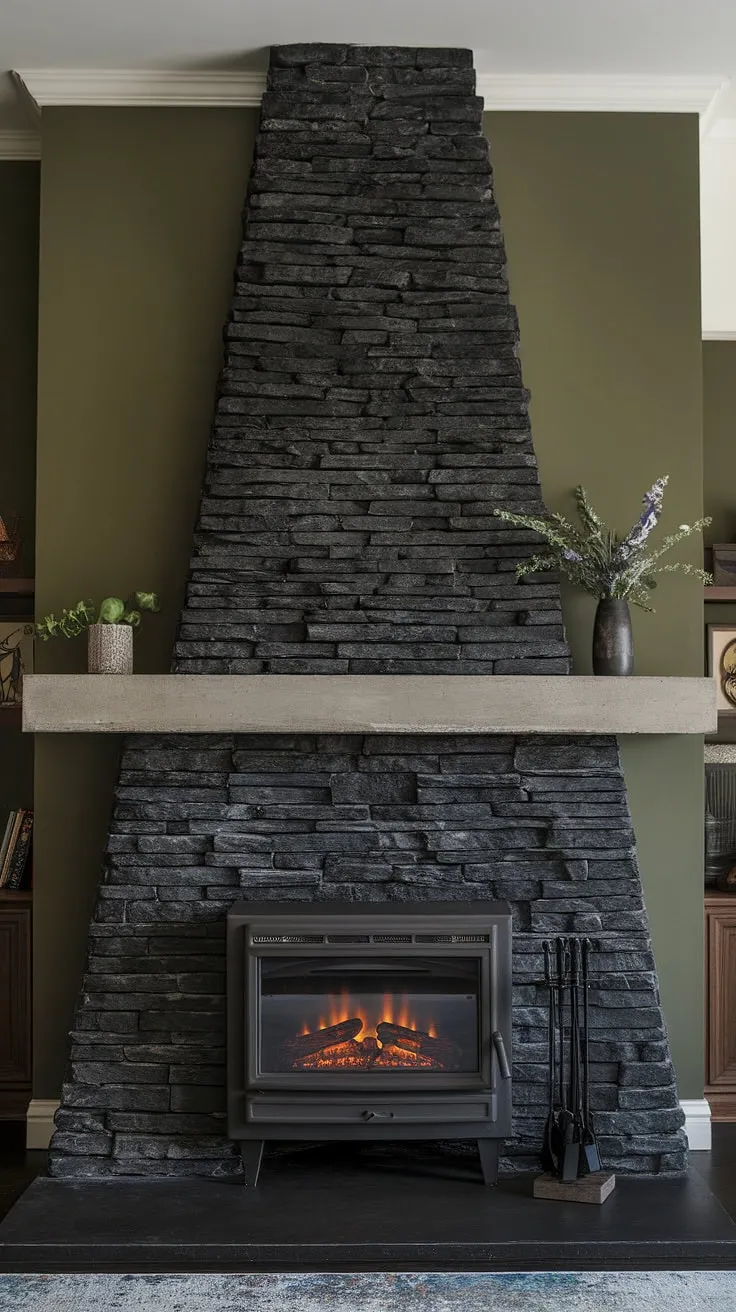 A black brick fireplace, reimagined. This central fireplace, a masterpiece of black stack stone, commands attention with its unique mantle decor and striking concrete mantle fireplace design. The green wall fireplace and dark color fireplace choices create a moody, modern space, perfectly complemented by the unexpected addition of a cottage electric fireplace above.  This is living room fireplace ideas elevated.