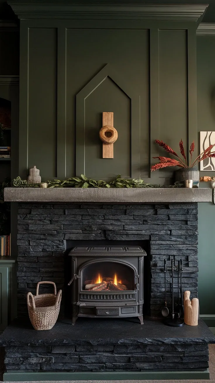 This living room's dramatic ambiance is anchored by a central fireplace, a showstopping black stack stone fireplace with a unique mantle decor.  The dark color fireplace, complemented by the green wall fireplace and concrete mantle fireplace, creates a sophisticated modern fireplace decor.  A smaller cottage electric fireplace adds extra warmth and charm, offering endless living room fireplace ideas for a cozy and modern space.