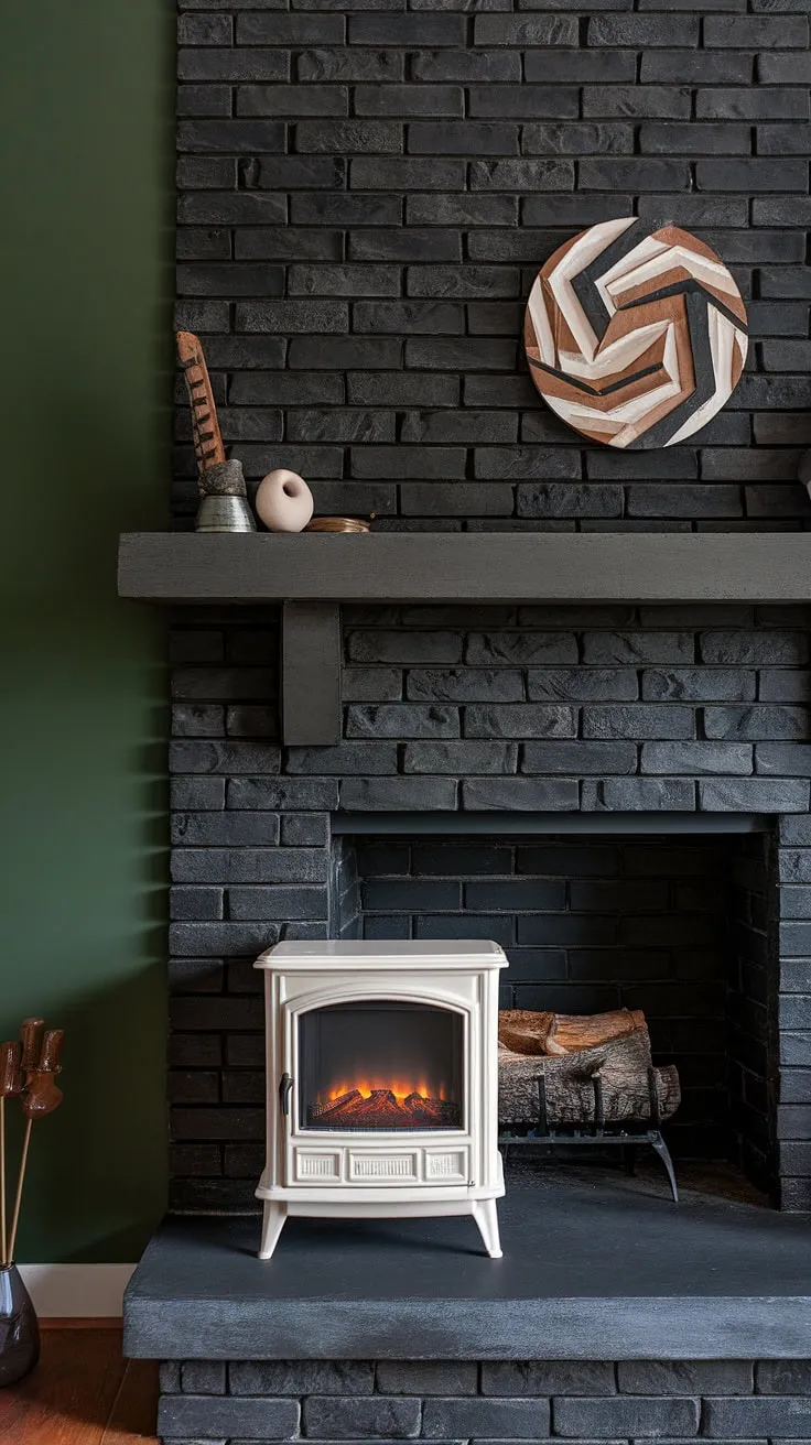 This living room's design centers around a striking black stack stone fireplace, a dark color fireplace that makes a bold statement.  The unique mantle decor atop the concrete mantle fireplace, combined with the green wall fireplace and the added warmth of a cottage electric fireplace nestled in front, offers inspiring living room fireplace ideas.