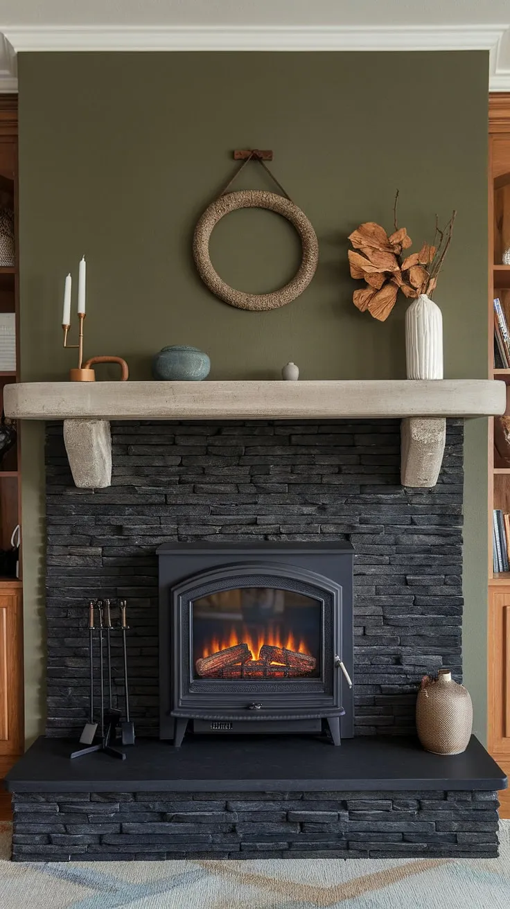 This living room's central fireplace, a showstopping black stack stone fireplace with a dark color interior, anchors the space.  The unique mantle decor atop the concrete mantle fireplace, set against a sophisticated green wall fireplace, perfectly blends modern fireplace decor with cottage charm.  This cottage electric fireplace offers the ambiance of a black brick fireplace without the hassle.  It's the ultimate in living room fireplace ideas.