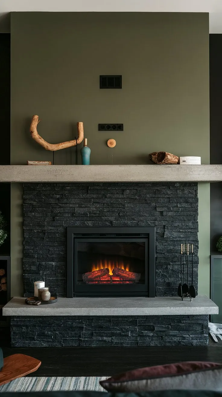 A showstopping black stack stone fireplace, featuring a concrete mantle and unique mantle decor, takes center stage in this sophisticated living room. The dark color fireplace is beautifully offset by a vibrant green wall, offering a unique take on green wall fireplace design. This modern fireplace decor, including the cottage electric fireplace, provides both style and warmth, making it the ultimate inspiration for living room fireplace ideas.