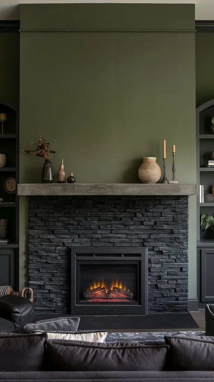 A dark color fireplace, featuring a black brick fireplace (or black stack stone) design, commands attention as the focal point of this modern living room. The green wall fireplace provides a stunning backdrop to the unique mantle decor and concrete mantle fireplace. This cottage electric fireplace offers both style and warmth, showcasing innovative living room fireplace ideas.