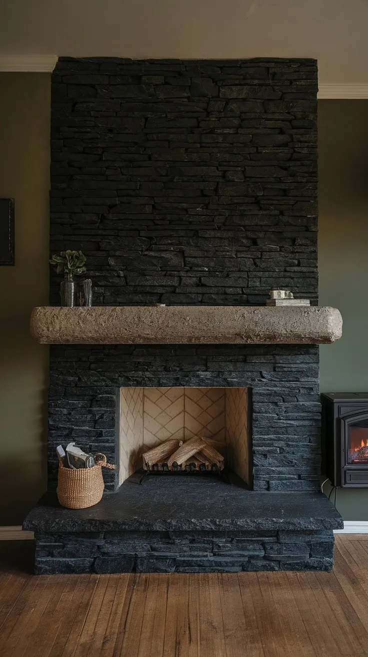 A captivating interplay of textures and tones defines this living room. The central fireplace, a showstopper of black stack stone and a concrete mantle fireplace, commands attention.  The green wall fireplace adds a vibrant pop against the dark color fireplace and wood flooring.  A charming cottage electric fireplace offers a secondary warmth, showcasing diverse living room fireplace ideas. This concrete mantle fireplace is a testament to unique mantle decor and black brick fireplace design.