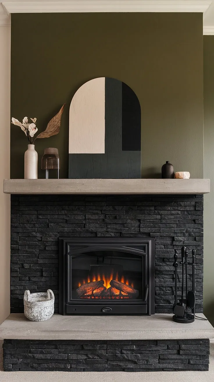 The black brick fireplace, a stunning black stack stone fireplace, anchors this modern living room.  Its dark color fireplace interior contrasts beautifully with the green wall, and the unique mantle decor elevates the concrete mantle fireplace. This cottage electric fireplace provides both ambiance and warmth, showcasing innovative modern fireplace decor.  Find inspiration for your own living room fireplace ideas here.