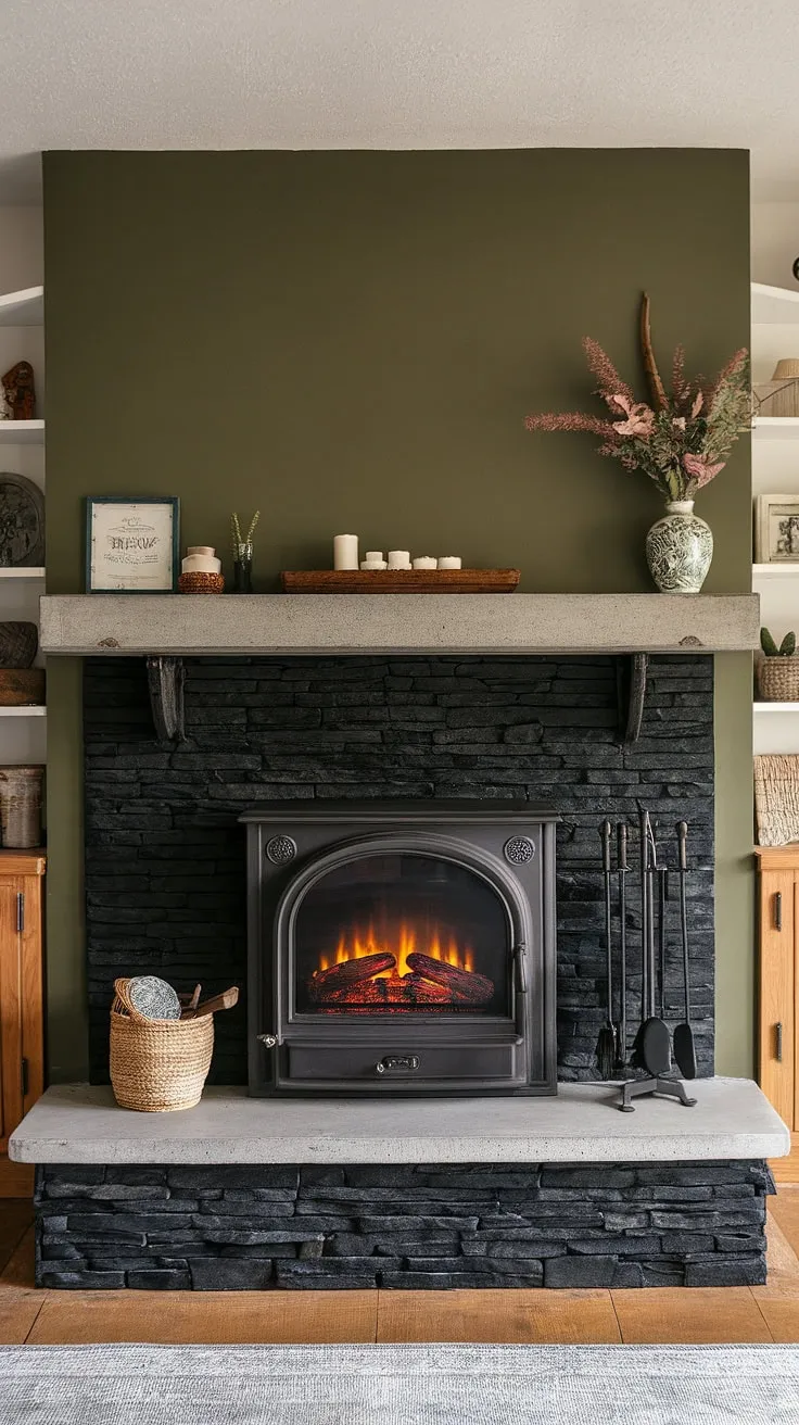 This cottage living room's central fireplace, a showstopping black stack stone fireplace with a unique concrete mantle, offers modern fireplace decor inspiration. The dark color fireplace beautifully complements the green wall fireplace backdrop, showcasing the perfect blend of rustic charm and contemporary style.  This cottage electric fireplace is a testament to clever living room fireplace ideas.