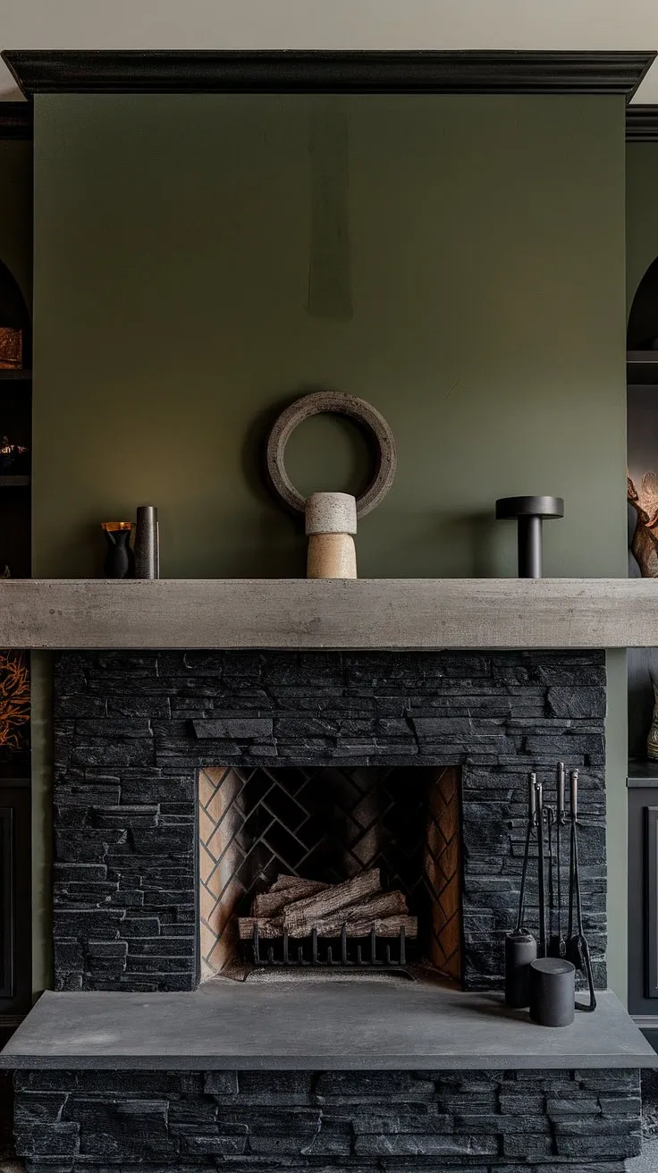 This cozy living room centers around a stunning black stack stone fireplace, its concrete mantle showcasing unique mantle decor. The dark color fireplace, a perfect example of modern fireplace decor, is beautifully offset by the green wall fireplace, offering living room fireplace ideas for a warm and inviting atmosphere.  The cottage electric fireplace feel is effortlessly achieved.