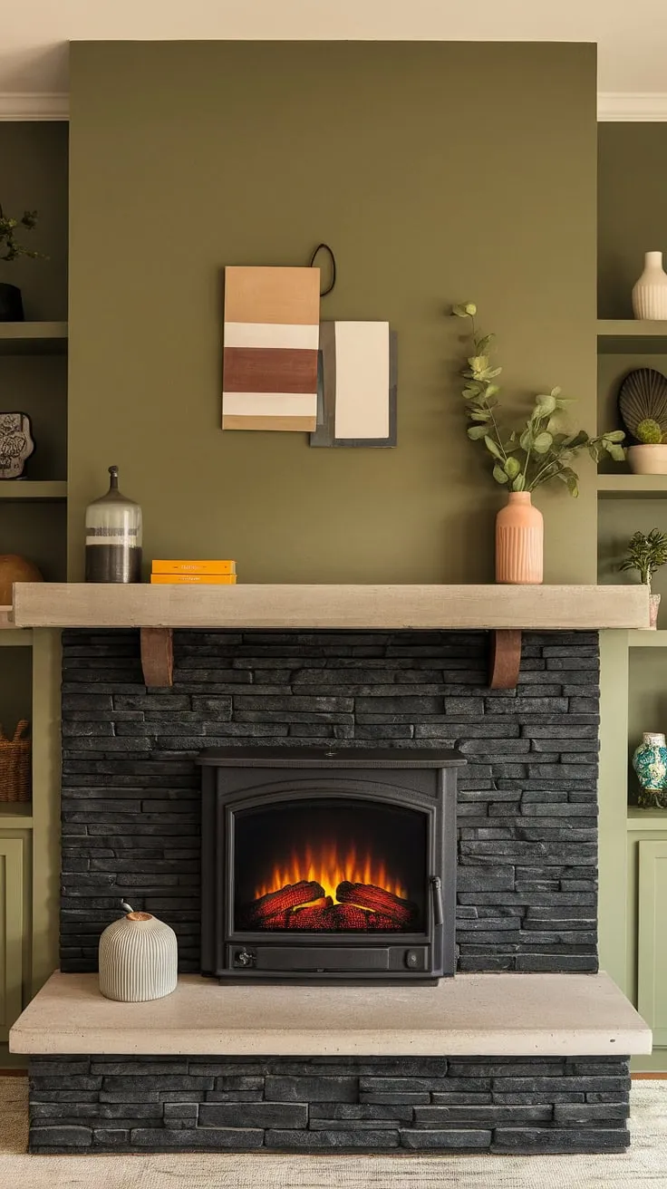 This living room's central fireplace, a showstopping black stack stone fireplace with a cottage electric fireplace insert, is the perfect blend of modern and cozy. The unique mantle decor atop the concrete mantle fireplace complements the dark color fireplace and the surprisingly chic green wall fireplace design.  Plenty of living room fireplace ideas come to life in this space.