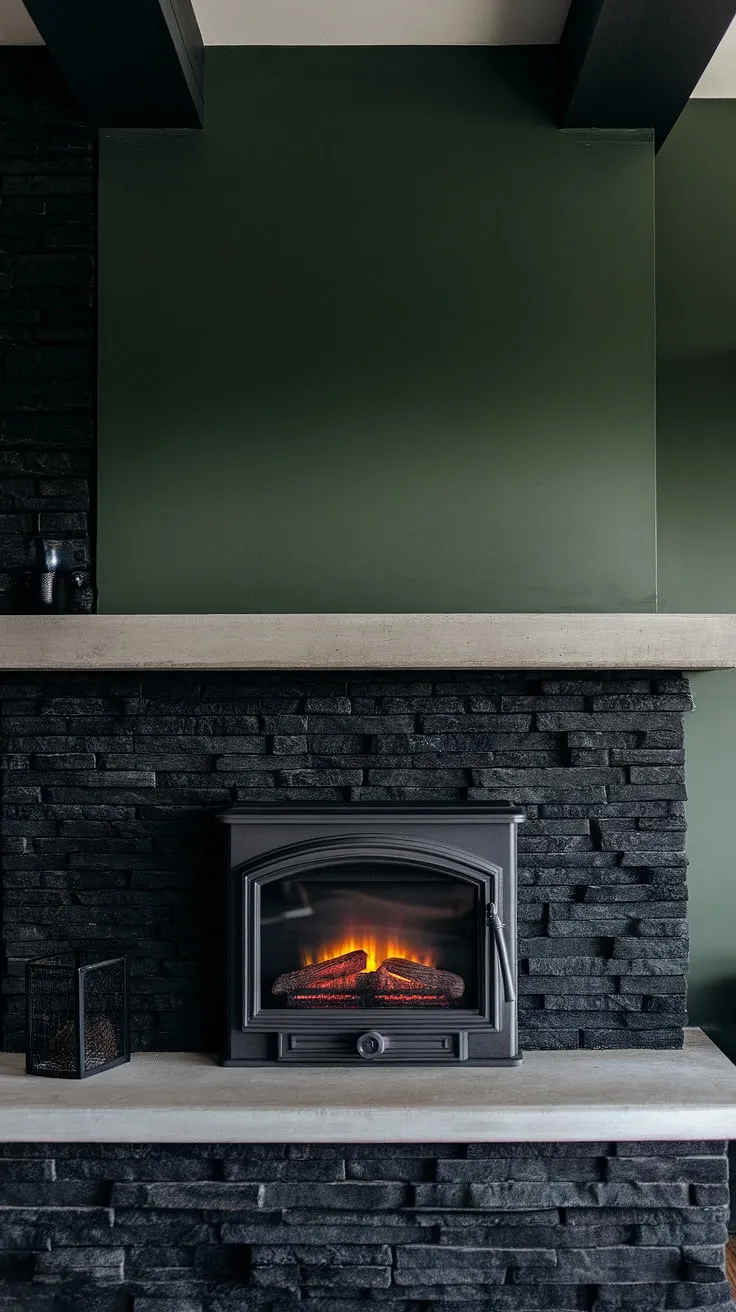 A black brick fireplace, reimagined.  The black stack stone fireplace and concrete mantle fireplace create a striking focal point in this modern space.  The green wall fireplace adds a unexpected pop of color, while the cottage electric fireplace offers both style and warmth. This unique mantle decor perfectly complements the dark color fireplace and inspires fresh living room fireplace ideas.