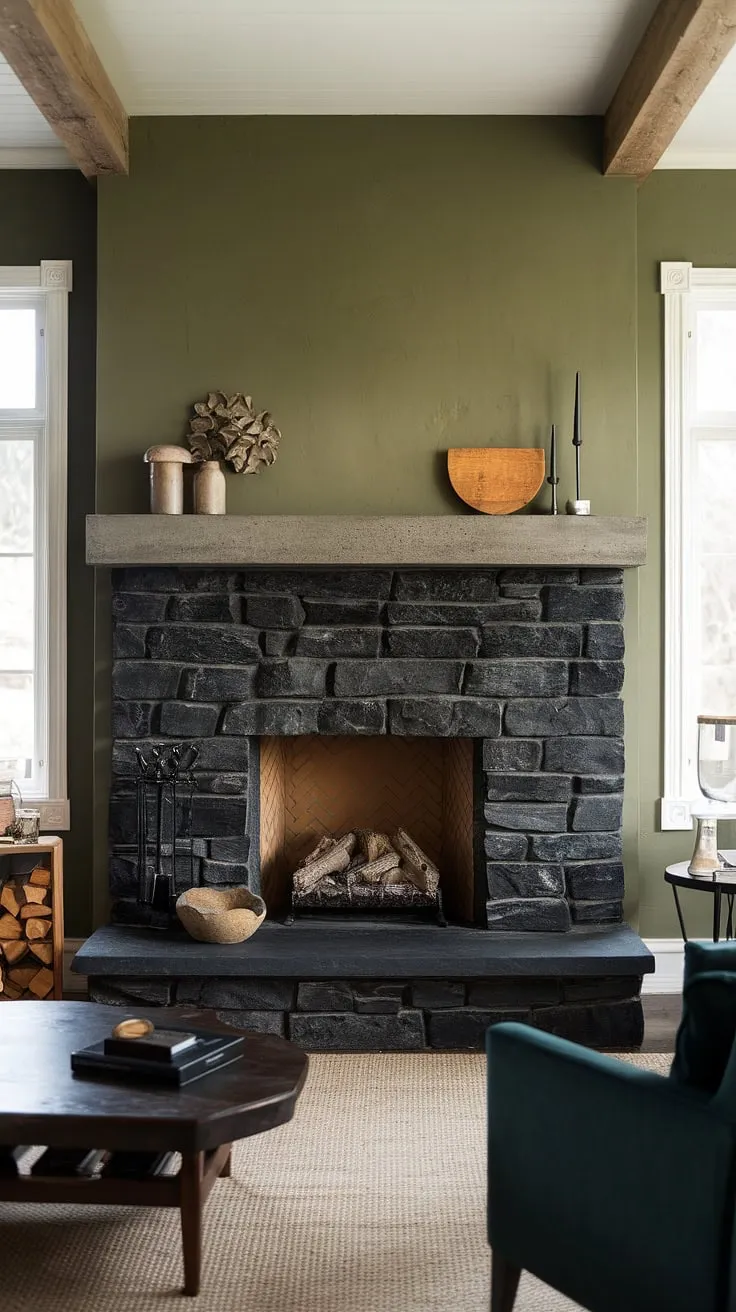 A dark color fireplace takes center stage in this stunning living room. The black brick fireplace, actually a black stack stone fireplace, boasts a unique mantle decor and a concrete mantle fireplace, creating a focal point against the vibrant green walls.  The strategic placement of a cottage electric fireplace adds warmth and dimension, showcasing innovative living room fireplace ideas and modern fireplace decor at its finest.