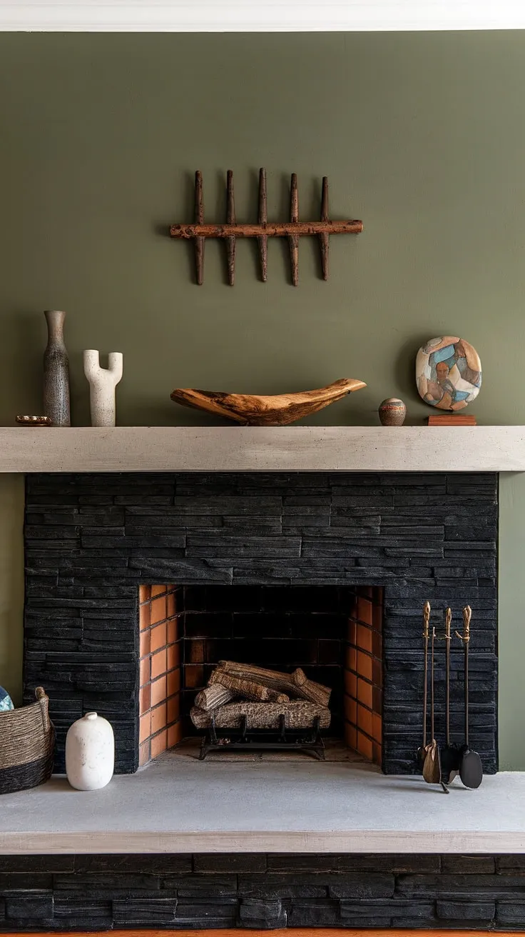 This living room's central fireplace, a showstopping black stack stone fireplace with a concrete mantle, anchors the space with modern elegance.  The unique mantle decor, paired with the green wall fireplace, creates a cozy cottage feel, offering inspiring living room fireplace ideas.  The dark color fireplace adds depth and drama, while the overall design showcases a perfect blend of modern and rustic aesthetics.  This cottage electric fireplace is the heart of the home.