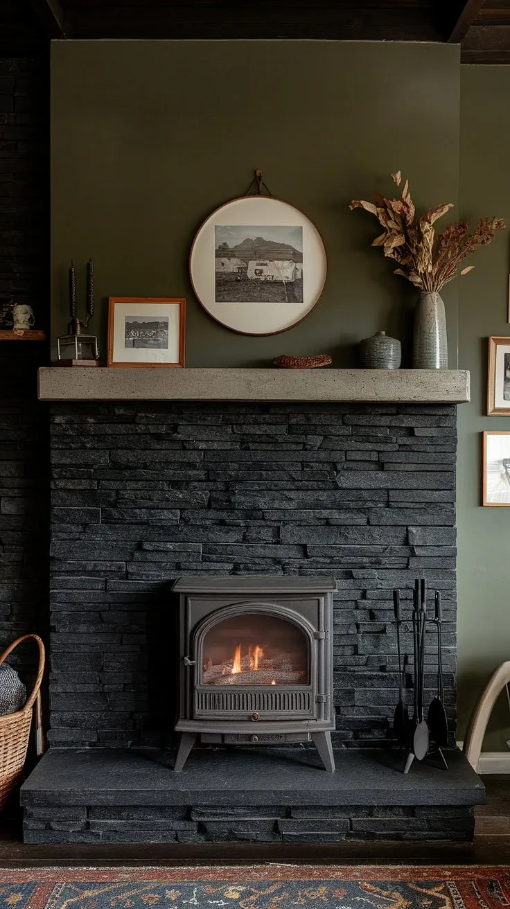 This cottage living room finds the perfect balance between rustic charm and modern design, anchored by a striking black stack stone fireplace. The dark color fireplace, with its unique concrete mantle decor, creates a dramatic focal point against the green wall fireplace surround.  This central fireplace, a cottage electric fireplace offering both warmth and style, showcases inspiring living room fireplace ideas.